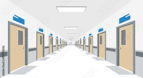 Endless hallway with uniform doors in modern minimalist design