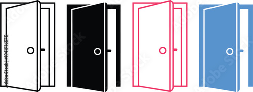 Four doors in different colors and states of opening and closing.