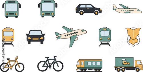 Transportation Vehicle Icon Set with Bus, Car, Airplane, Train, Bicycle and Delivery Truck for Travel and Urban Mobility Vector Illustration