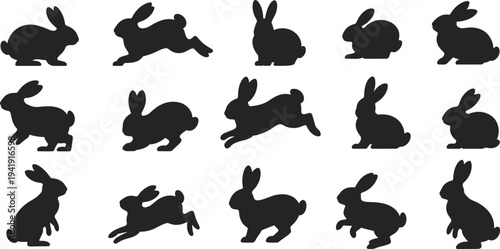 Vector illustration of fifteen black rabbit silhouettes in diverse poses, sitting, standing, crouching, leaping, concept of wildlife, animal design, nature artwork, and identity.
