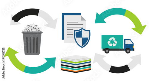 Paper recycling process with arrows and icons for eco-friendly waste management