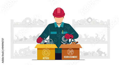 Worker sorting gears for recycling and reuse in a workshop setting