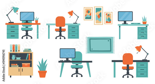 Modern home office setup featuring desks, chairs, and computers with stylish decor elements