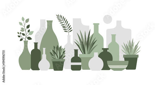 Modern flat design botanical vase collection with greenery and abstract shapes