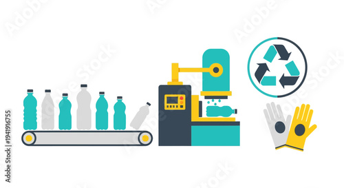 Recycling process for plastic bottles with conveyor, machine, and safety gear in flat design