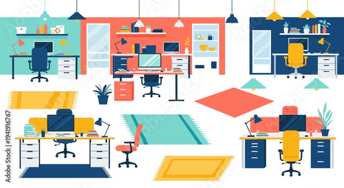 Modern office workspace clipart with colorful furniture and decor elements
