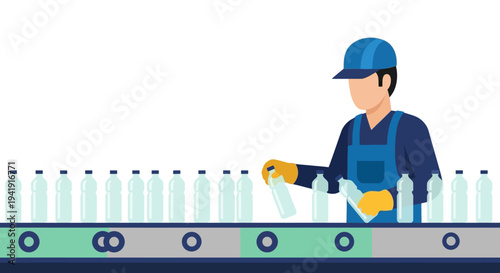 Worker sorting bottles on conveyor in flat design for manufacturing concept