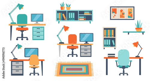 Colorful office furniture set with desks and lamps for home workspace