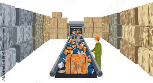 Recycling conveyor belt with worker sorting waste in warehouse setting