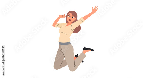 Joyful woman jumping with excitement in casual outfit on white background