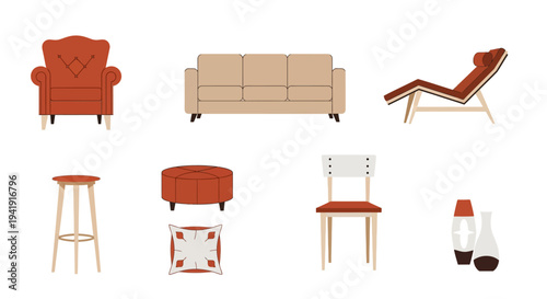 Modern minimalist furniture set featuring sofas, chairs, stools, and home decor accessories
