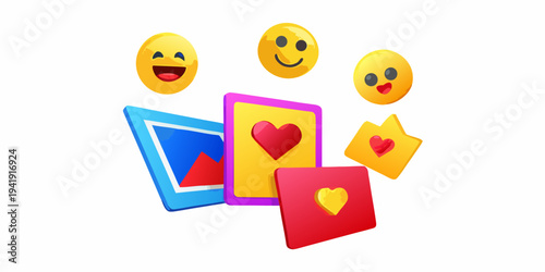 Colorful cards and smiling emojis create a playful digital composition