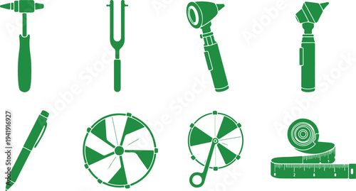 Collection of various green hand tools and measuring devices isolated on transparent background for creative projects