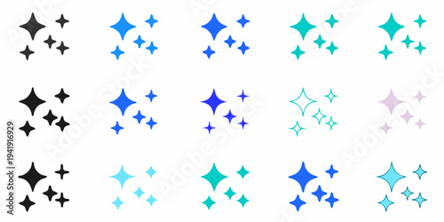 Assorted sparkling star shapes in varying shades of blue black and pink