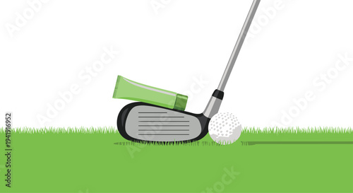 A flat illustration shows a golf club with a sunscreen tube balanced on its head, positioned next to a golf ball on a patch of green grass against a white background.