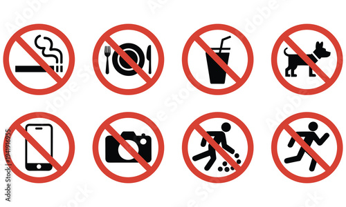 Collection of prohibition signs indicating forbidden activities like smoking eating and drinking in a modern vector graphic design for public awareness campaigns and safety guidelines.