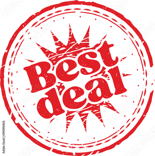 Best deal circular red stamp frame with retro starburst. Grunge rubber stamp textured stamp isolated on white background. Vector
