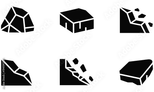 Collection of vector graphic illustrations showing various rock and structural damage designs in a simple black and white style