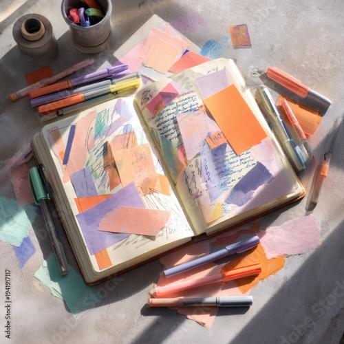 Artistic Journaling Moment: An open journal filled with colorful paper scraps and stationery create a sense of creativity and inspiration.