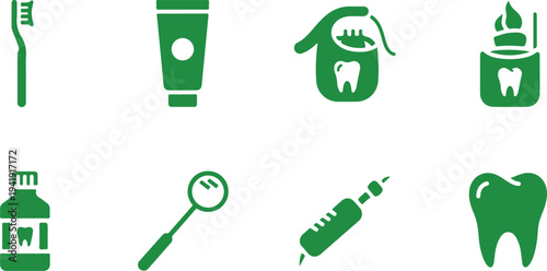 Set of dental hygiene and treatment icons featuring toothbrush toothpaste floss syringe mirror and tooth illustration