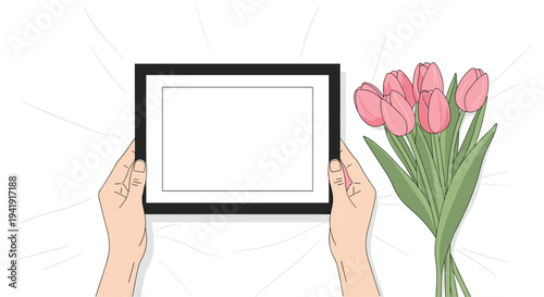 A top-down flat illustration depicts two hands holding a black rectangular picture frame with a white interior, alongside a vibrant bouquet of pink tulips on a subtly textured white surface.