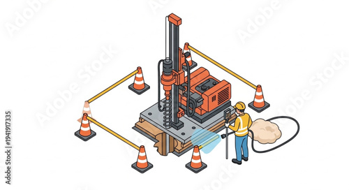 Construction worker operating drilling machinery on site.