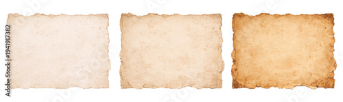 Set of 3 Pieces of Textured Vintage Paper with Torn Irregular Edges Isolated on Transparent Background