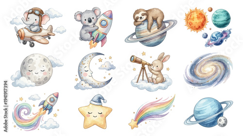Watercolor cute space clipart set with moon, planets, galaxy, rocket, elephant, koala and bunny. Collection of Vector illustrations. Perfect for invitation, card, poster, banner, decoration
