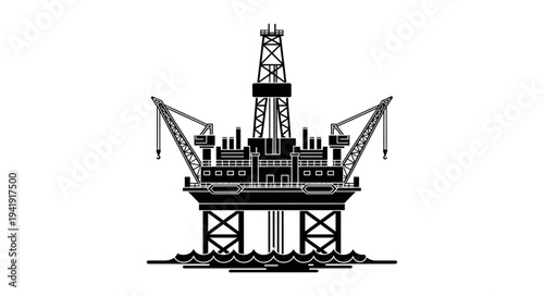 Offshore oil rig platform with derrick and cranes in black line art.