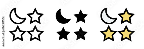 Conjunto de iconos de sueño nocturno. Luna con estrellas. Descanso nocturno, tranquilidad, sueño reparador. Ilustración vectorial