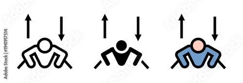 Conjunto de iconos de flexiones. Persona realizando ejercicio de flexiones, entrenamiento corporal, actividad física de fuerza y acondicionamiento. Ilustración vectorial