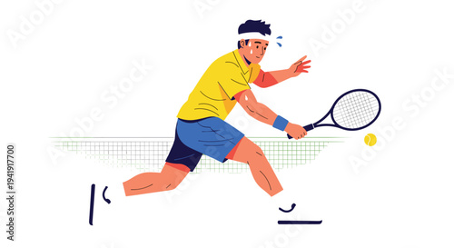 A male tennis player in a yellow shirt and blue shorts is actively hitting a forehand shot with a racket against a plain white background.