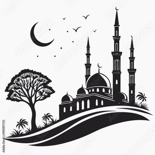 Islamic mosque silhouette with minarets and crescent moon