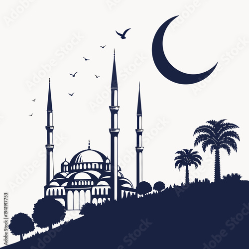 Mosque silhouette scene with tall minarets and crescent moon 1