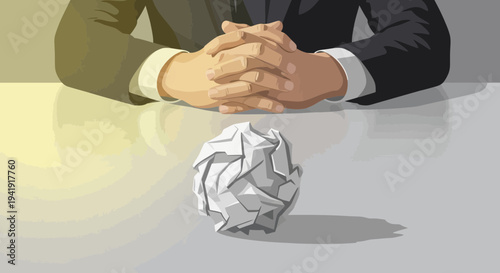 Businessman Hands with Crumpled Paper Ball on Desk