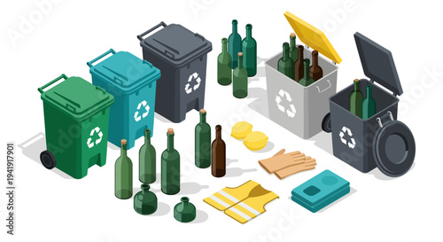 Isometric recycling bins and glass bottles: sustainable waste management in 3d