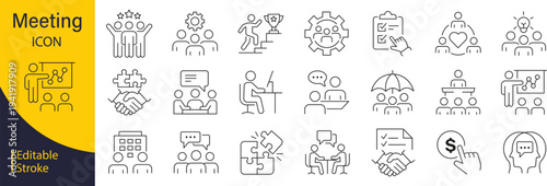 Meeting in line style set. Editable web icons for conference, business meeting, discussion, planning, event, teamwork, seminar etc. Vector illustration