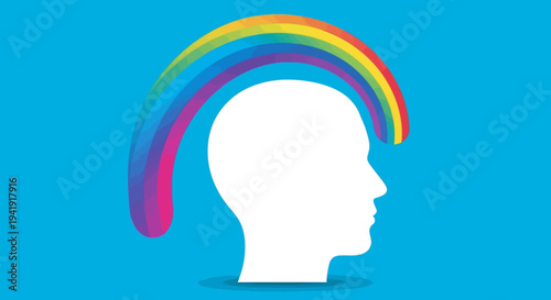 Abstract human head silhouette with colorful rainbow on blue background