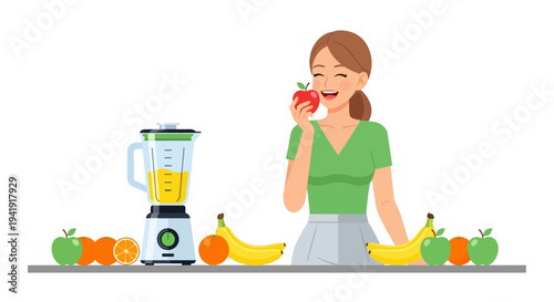 Healthy lifestyle: woman enjoying fresh juice with fruits and blender