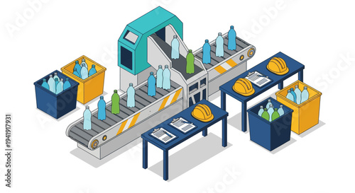 Isometric factory conveyor with plastic bottle packaging process