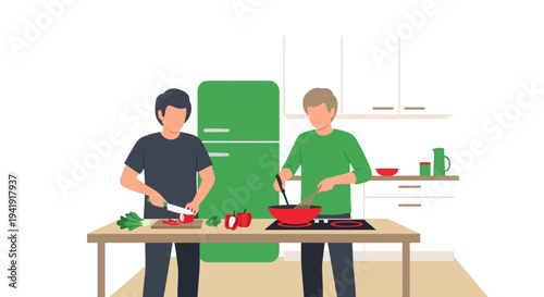Two people cooking in modern kitchen with fresh vegetables