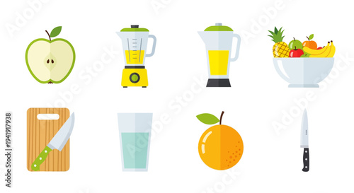 Modern flat kitchen icons featuring fruits, blenders, and kitchenware