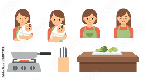 Motherhood and cooking icons in flat style