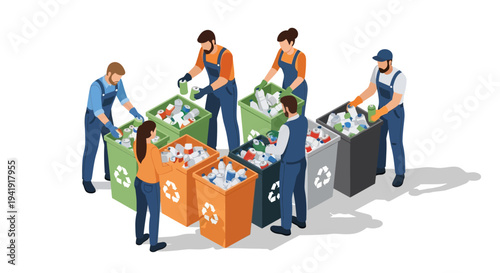 Team sorting recyclable waste in isometric style for environmental awareness