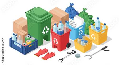 Isometric recycling bins and waste management supplies with diverse materials
