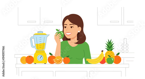 Woman enjoying fresh fruits in modern kitchen with blender
