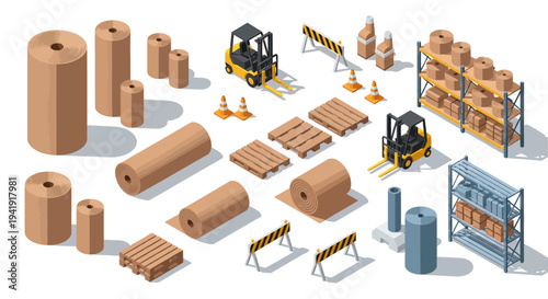 Isometric warehouse setup with pallets and forklifts