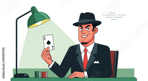 Confident Gambler Playing Cards Under Desk Lamp