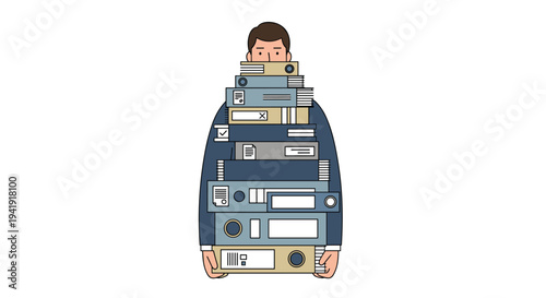 A cartoon man is almost completely hidden behind a towering, meticulously organized stack of various office binders and files on a white background.