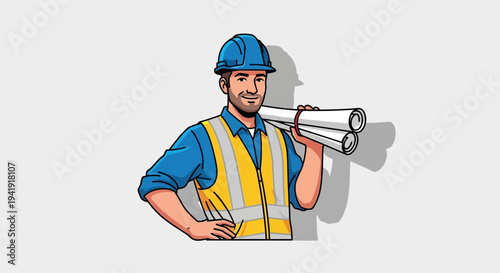 Confident Male Engineer with Blueprints on a Light Background